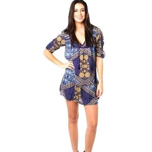 Roxy Lucky Blue bohemian mini dress, size Large